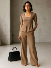 Women Beige Front Slit Top With Straight Pants-SFSETS96489