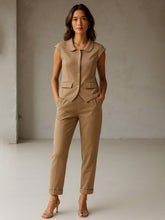 Women Beige PeterPan Cap Sleeve Button Top With Trousers-SFSETS96495
