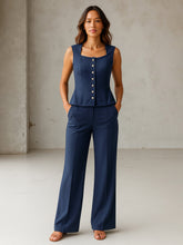 Women Blue Rhombus Neck Top With Cross Pocket Pants-SFSETS96496