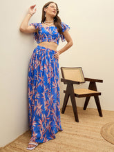 Women Blue Floral Strappy Crop Top With Maxi Skirt-SFSETS96504
