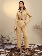 Women Beige Poplin Belted Shirt With Straight Pants-SFSETS96518