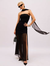 Women Jet Black Denim Tube Top With Georgette Skirt & Scarf-SFSETS96603