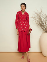 Women Fuchsia Foil Print Double Breasted Blazer With Gathered Skirt-SFSETS96639