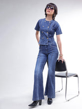 Women Blue Denim Button Down Top With Bell Bottom Jeans