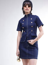 Women Navy Denim Front Zipper Top With Mini Skirt