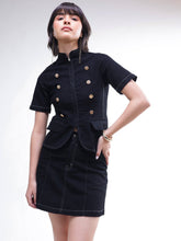 Women Black Denim Front Zipper Top With Mini Skirt
