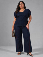 Women Navy Wash Denim Top With Flared Jeans