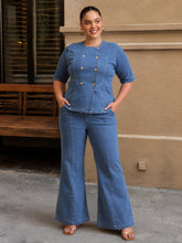 Women Blue Front Button Top With Bell Bottom Jeans