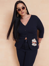 Women Navy Front Button Top With Pants