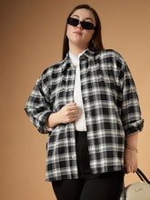 Women Black & White Flannel Check Front Button Shacket-SFSHRT20479
