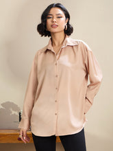 Women Beige Satin Oversized Curved Hem Shirt-SFSHRT20601