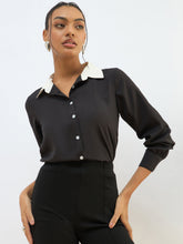 Women Black Contrast Collar Regular Shirt-SFSHRT20606