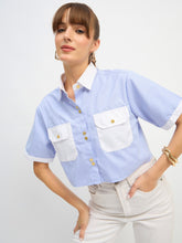 Women Blue & White Stripes Crop Shirt-SFSHRT20672