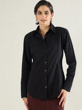 Women Black Shoulder Padded Slim Fit Poplin Shirt-SFSHRT20689
