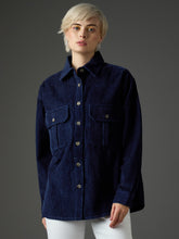 Women Navy Blue Corduroy Oversized Shirt-SFSHRT20711