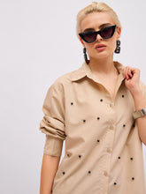 Women Beige Pearl Studded Regular Shirt-SFSHRT20714
