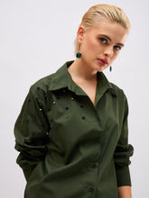Women Olive Pearl Studded Regular Shirt-SFSHRT20722