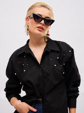 Women Black Raglan Sleeve Pearl Studded Regular Shirt-SFSHRT20726