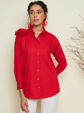 Women Red Poplin Shoulder Corsage Regular Shirt-SFSHRT20729