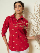 Women Fuchsia Foil Print Shoulder Padded Slim Fit Poplin Shirt-SFSHRT20731