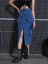 Women Blue Washed Denim Box Pocket Midi Skirt-SFSKRT30430