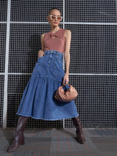 Women Blue Blast Denim Flared Midi Skirt-SFSKRT30431