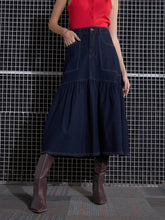 Women Navy Blast Denim Flared Midi Skirt-SFSKRT30432