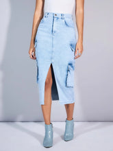 Women Light Blue Denim Box Pocket Front Slit Midi Skirt-SFSKRT30452