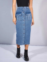 Women Blue Washed Denim Front Button Midi Skirt-SFSKRT30454