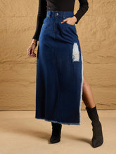 Women Navy Distressed Side Slit Maxi Skirt-SFSKRT30456
