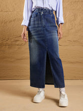 Women Blue Asymmetrical Waist Front Slit Maxi Skirt-SFSKRT30457