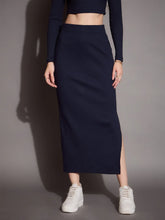 Women Navy Rib Pencil Skirt-SFSKRT30462