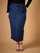 Women Navy Denim Wash Front Slit Skirt-SFSKRT30465