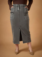 Women Black Denim Wash Front Slit Skirt-SFSKRT30466