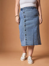 Women Blue Wash Denim Side Button Midi Skirt-SFSKRT30467