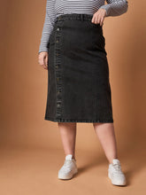 Women Black Acid Wash Denim Side Button Midi Skirt-SFSKRT30468