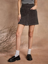 Women Dark Grey Corduroy Front Button Mini Skirt-SFSKRT30473