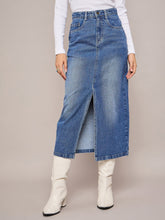 Women Blue Denim Front Slit Midi Skirt-SFSKRT30478