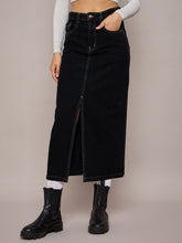 Women Black Denim Front Slit Midi Skirt-SFSKRT30479