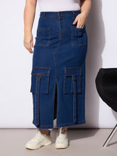 Women Navy Denim Multi Pocket Front Slit Skirt-SFSKRT30497