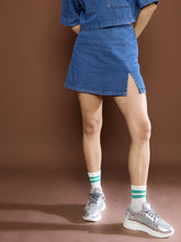 Women Blue Denim Front Slit Skorts-SFSKRT30507