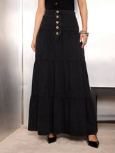Women Black Washed Denim Tiered Maxi Skirt-SFSKRT30518