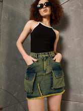 Women Green Washed Denim Fring Mini Skirt-SFSKRT30526