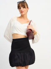 Women Black Rib Balloon Hem Mini Skirt-SFSKRT30544