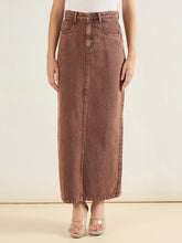 Women Brown Denim Back Slit Long Skirt-SFSKRT30559