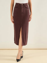 Women Tinted Brown Denim Front Slit Midi Skirt-SFSKRT30560