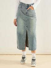 Women Faded Blue Denim Front Slit Midi Skirt-SFSKRT30561