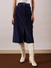 Women Navy Blue Corduroy Front Patch Pocket Midi Skirt-SFSKRT30565