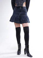 Women Black Wash Denim Pleated Mini Skirt