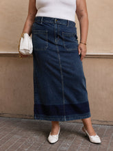 Women Navy Denim Wash Front Patch Pocket Maxi Skirt